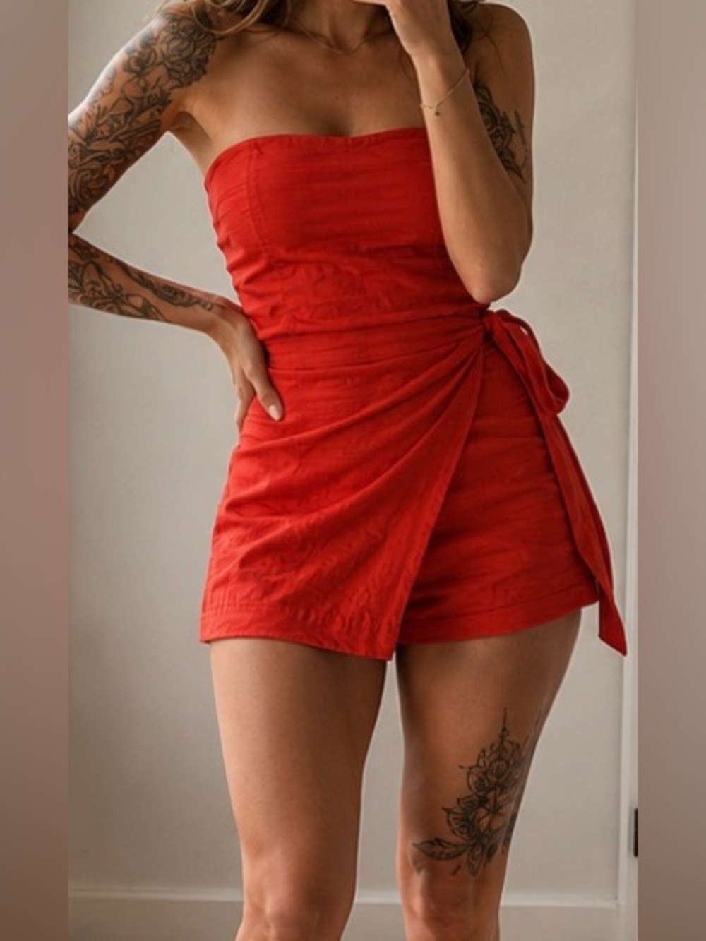 Free people Strapless Red romper playsuit faux wrap mini Dress